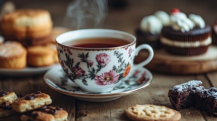 Fototapeta premium Warm Cup of Tea with Delicious Pastries on Table