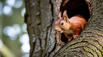 Fototapeta premium A red squirrel peeking behind the tree trunk