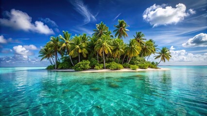 Tropical island landscape with crystal clear blue water and palm trees