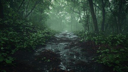 Obraz premium Serene Foggy Path Through Dark Green Forest