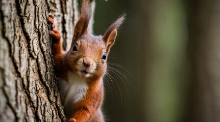 Fototapeta premium A red squirrel peeking behind the tree trunk
