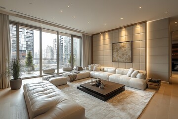 A minimalist, interior design featuring a modern living room. Generative AI