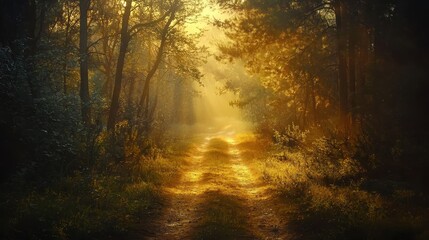 Fototapeta premium Sunlit Dirt Path Through Serene Forest