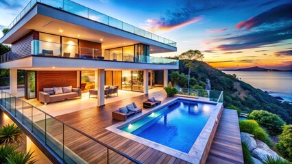 Obraz premium Elegant Pcherie sur Piloti with Scenic Views, Stylish Architecture, Coastal Charm, Modern Design, Luxury Living, Waterfront Retreat, Sustainable Structure