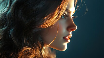 Naklejka premium Portrait of a Woman with Soft Light and Flowing Hair