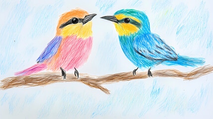 Obraz premium A simple drawing of cute birds for kids, with small round bodies, short wings, and bright beaks. The birds are perched on a branch, with minimal details for easy coloring and fun!