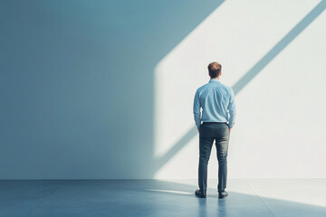 Fototapeta premium Man Standing in Front of a Wall with a Shadow