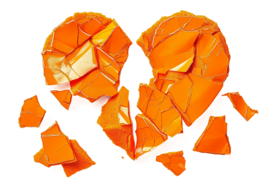 Orange Heart Broken into Pieces Sticker Set Isolated on Transparent Background