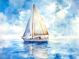 Fototapeta premium Illustration - Luxurious Yacht Sailing Gracefully on the Serene Azure Sea with Billowing Sails