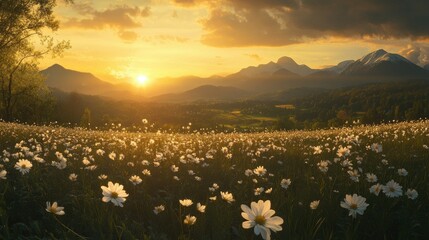 Serene Sunset Over a Flower-Filled Meadow