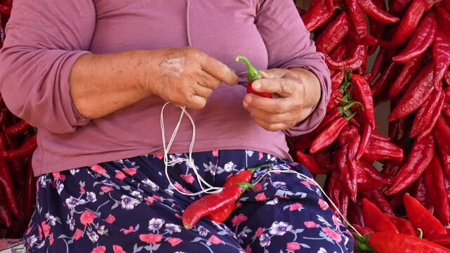 Chillies are strung on a string for drying.
