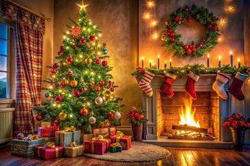 Obraz premium Festive Holiday Scene with Text Mockup Space for Seasonal Greetings and Celebrations