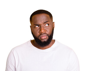 Close up photo of dark skin guy looking up empty space not sure with decision wear casual outfit...