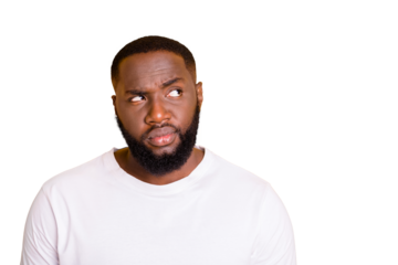 Close up photo of dark skin guy looking up empty space not sure with decision wear casual outfit isolated yellow background
