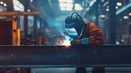 Steel welder in safety gear, working with a welding torch on a steel beam, medium close-up focusing on the welder eyes behind the protective mask and the bright weld, blurred background