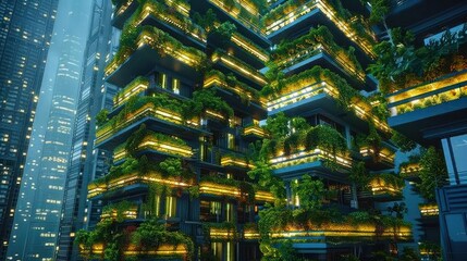Vertical farming structure in a futuristic city, utilizing climate control and green technology