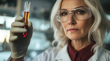 Confident senior female scientist analyzing red liquid in test tube at laboratory - Powered by Adobe