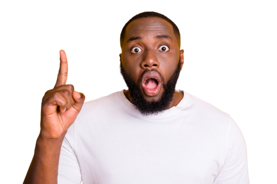 Close up photo of dark skin guy indicating finger up empty space wear casual outfit isolated yellow background - Powered by Adobe