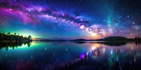 A Serene Night Sky Reflected in a Still Lake, Illuminating the Water with a Kaleidoscope of Stars and Nebulas