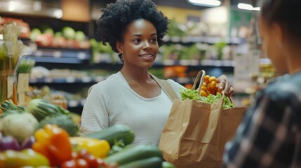 A woman is shopping for vegetables in a grocery store. She is smiling and holding a brown paper bag with a bunch of vegetables in it
