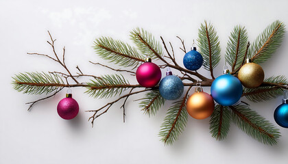 Isolated Christmas decorations feature a bare tree branch surrounded by colorful baubles on_1(408)