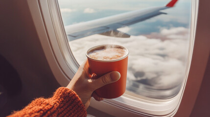Cozy in-flight seat with warm coffee cup and airplane window view above clouds enjoy travel
