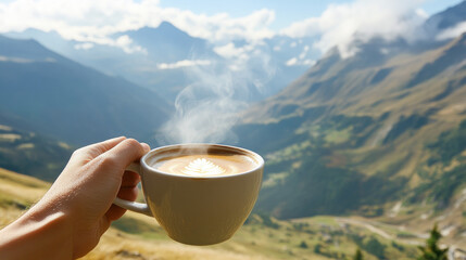 Morning coffee in scenic mountain landscape with steaming cup and breathtaking view