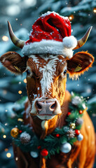 Realistic Christmas Cow wearing a Santas Hat, magical winter decoration, cute Xmas animal, snow, Christmas ornaments, festive holiday, animal, cozy snow-covered scene, holiday animal decor