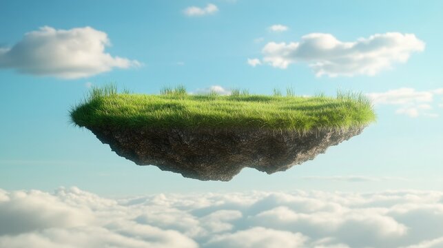 A floating piece of land with green grass in a 3D render, surrounded by a serene blue sky and scattered clouds