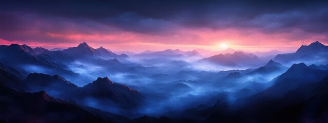 Fototapeta premium mountains at sunrise, with layers of deep blue and purple fog rolling between the peaks