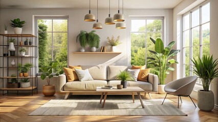 Fototapeta premium Minimalist Living Room with Serene Lighting â€“ A Tranquil Space Featuring Soft Colors, Clean Lines, and Natural Elements for a Peaceful Atmosphere in Modern Home Decor