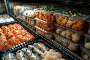 Fresh Seafood Displayed in a Refrigerated Case