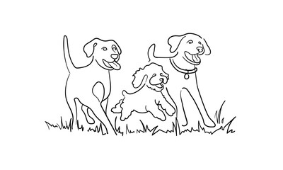 Obraz premium Three dogs running together isolated on white background. Animals outline. Vector illustration 
