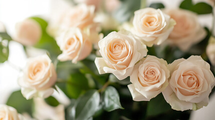 Delicate pale roses in a green bouquet create a serene atmosphere in natural light