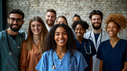 Group of young doctors, students and medical residents standing with their team in hospital hall	- horizontal banner