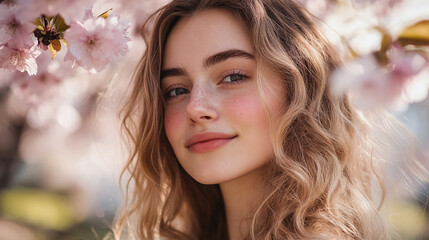 Naklejka premium Young woman enjoying springtime among blooming cherry blossom trees in a sunlight-filled park