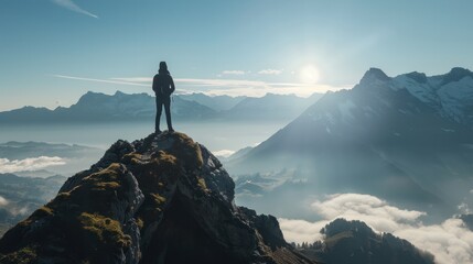Person looking out at the horizon from a mountain peak, ready for new challenges