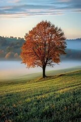 Obraz premium Foggy Autumn Morning in a Peaceful Countryside Field