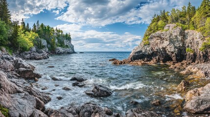 A panoramic view of a rocky shoreline with fragmented debris floating gently on the waves, embodying the essence of nature's elements.