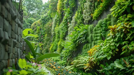 Fototapeta premium Lush vertical gardens in a modern urban setting, showcasing innovative green technology