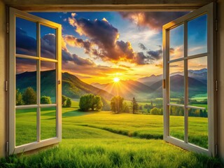 Fototapeta premium Serene Sunrise Over Fields and Mountains - Nature View from Window - 4K Virtual Animation Background