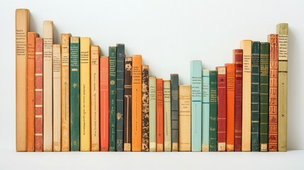 A sequence of books arranged in an upward curve, each spine featuring educational milestones, from elementary to advanced levels, on a plain background