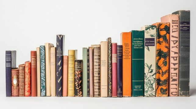 A sequence of books arranged in an upward curve, each spine featuring educational milestones, from elementary to advanced levels, on a plain background
