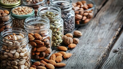 Obraz premium Assorted Organic Nuts and Seeds in Glass Jars on Rustic Wooden Table