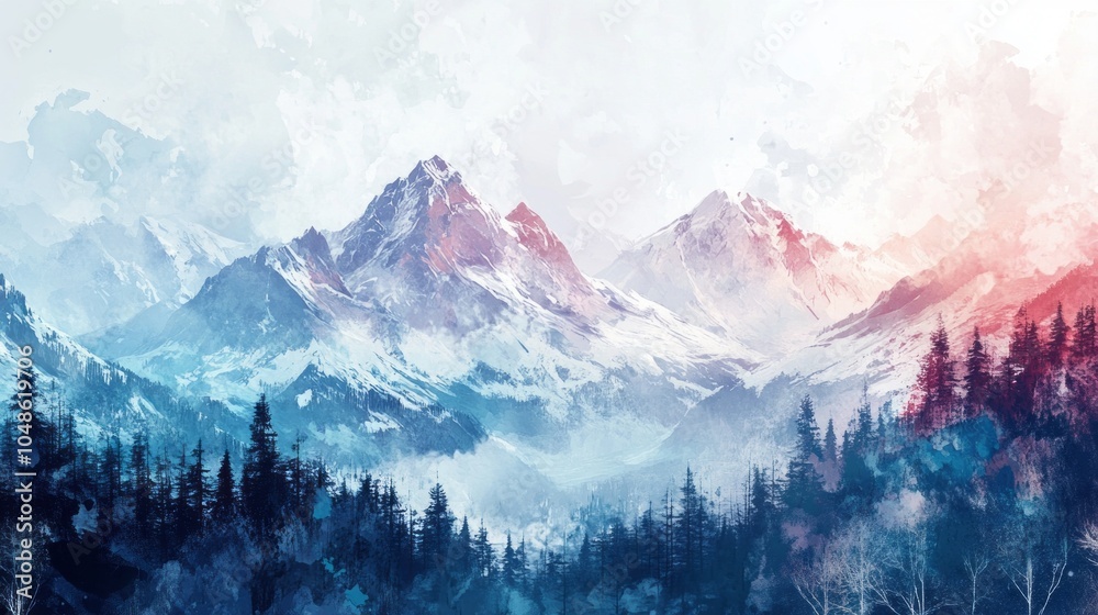Poster a mountain range with a blue sky and a few trees