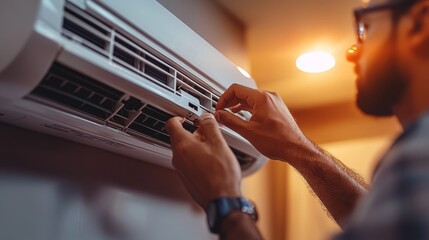 Homeowner Servicing Air Conditioner Unit Inside House