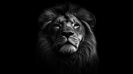 A striking black and white image of a lion, the king of the jungle, set against a solid black background
