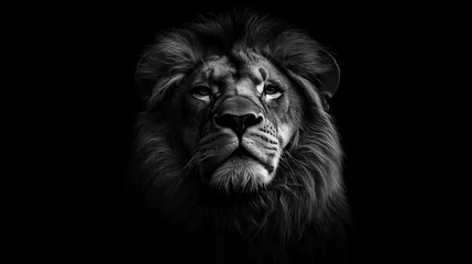 Papier peint photo Lion A striking black and white image of a lion, the king of the jungle, set against a solid black background  © bemeve
