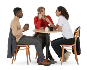 Group of three friends sitting in a cafeteria and drinking coffee and talking isolated on white background