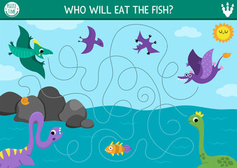 Vector handwriting practice worksheet with dinosaurs. Prehistoric printable maze, labyrinth or drawing activity for with ancient animals and food. Tracing page for writing skills. Who will eat fish © Lexi Claus
